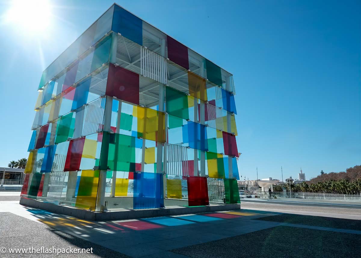 brightly coloured glass of cube skylight of pompidou centre in malaga spain