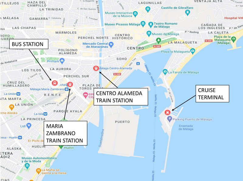 map showing location of train stations and cruise terminal in malaga spain