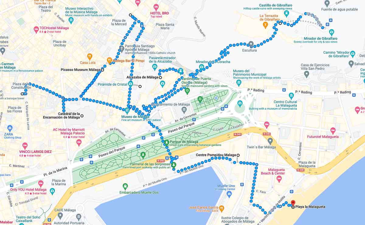 map of best places to see in one day in malaga self-guided walking tour