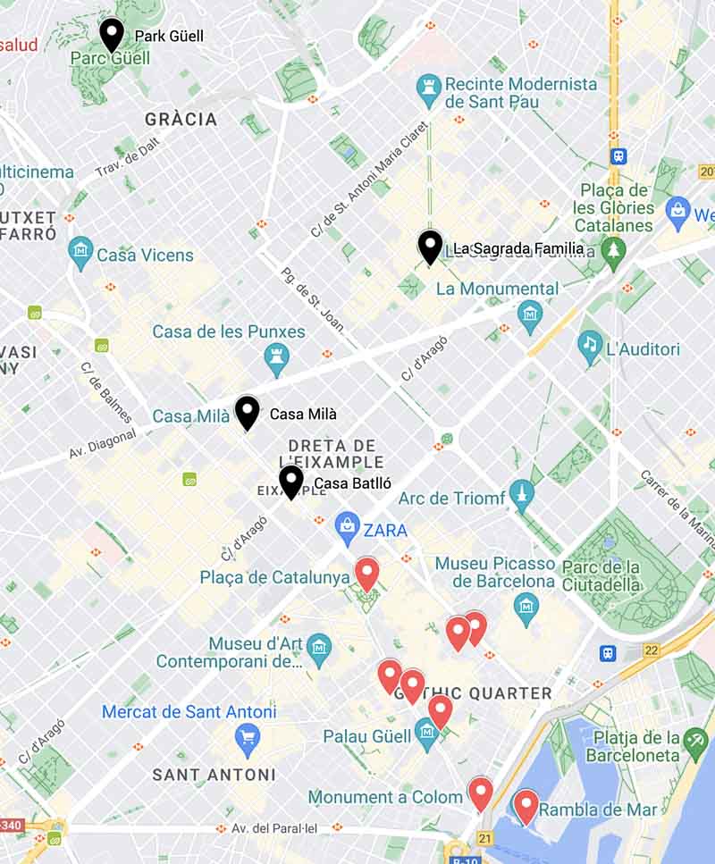 map showing main attractions included in a 2 day barcelona itinerary