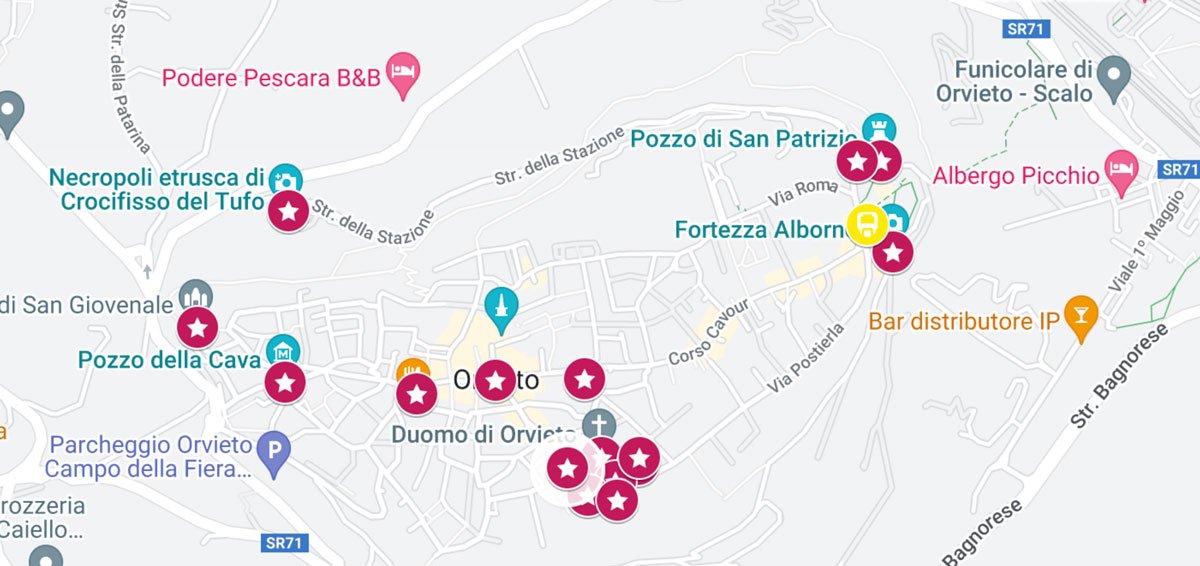 map showing the location of the best things to do in orvieto italy