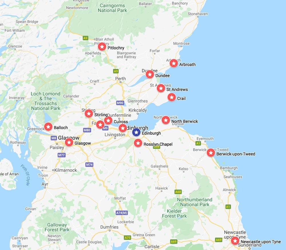 map showing the best day trips from edinburgh  scotland by bus coach or train