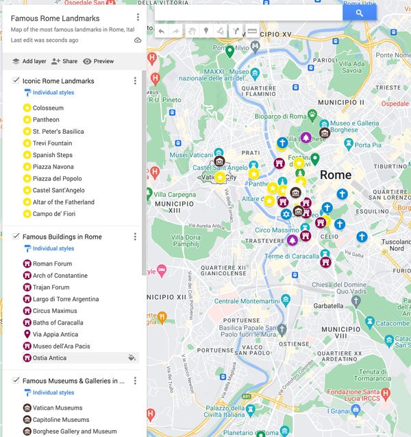 map showing the most famous landmarks in rome