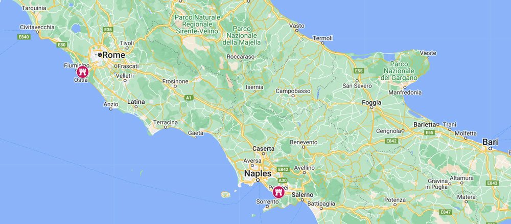 map marking the location of ostia antica and Pompeii in italy