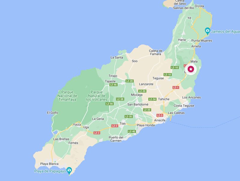 map showing the location of the cactus garden in lanzarote