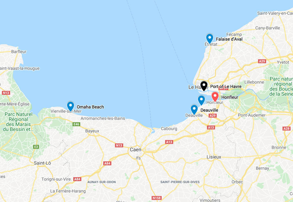 map of places that you visit as day trips from honfleur on a weekend in normandy