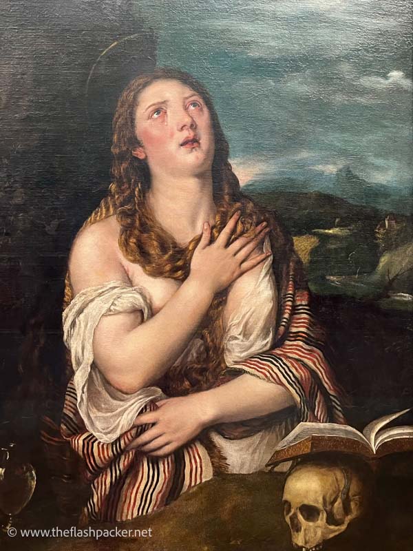 oil painting of mary magdalene crying and looking upwards