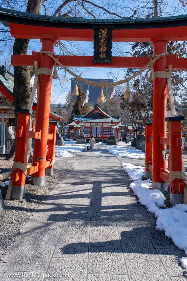 red tori gates leading to a japanese shrine