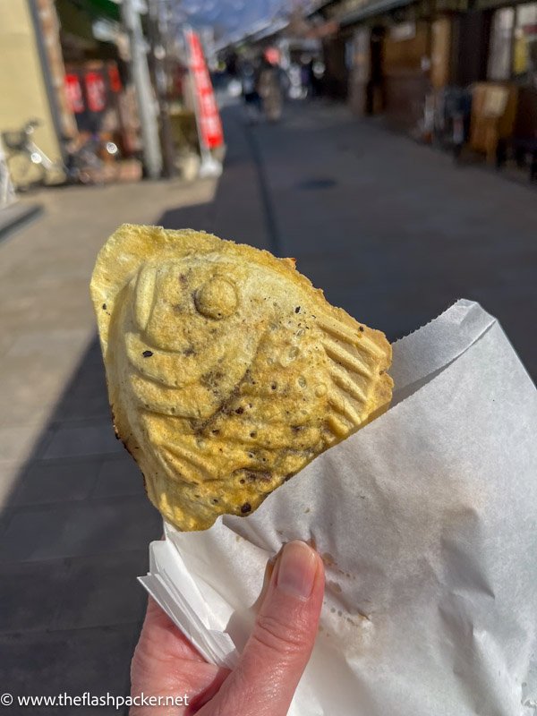 person holding a fish-shaped pastry