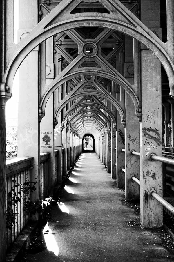 walkway of iron and concrete suspension high level bridge in newcastle