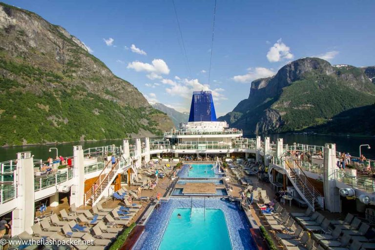 swimming pool deck on hmv Britannia sailing though norway fjords