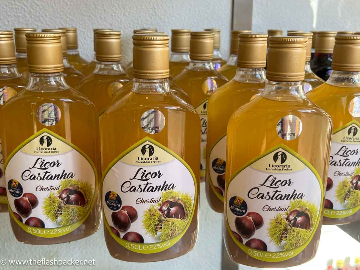 row of bottles of chestnut liqueur