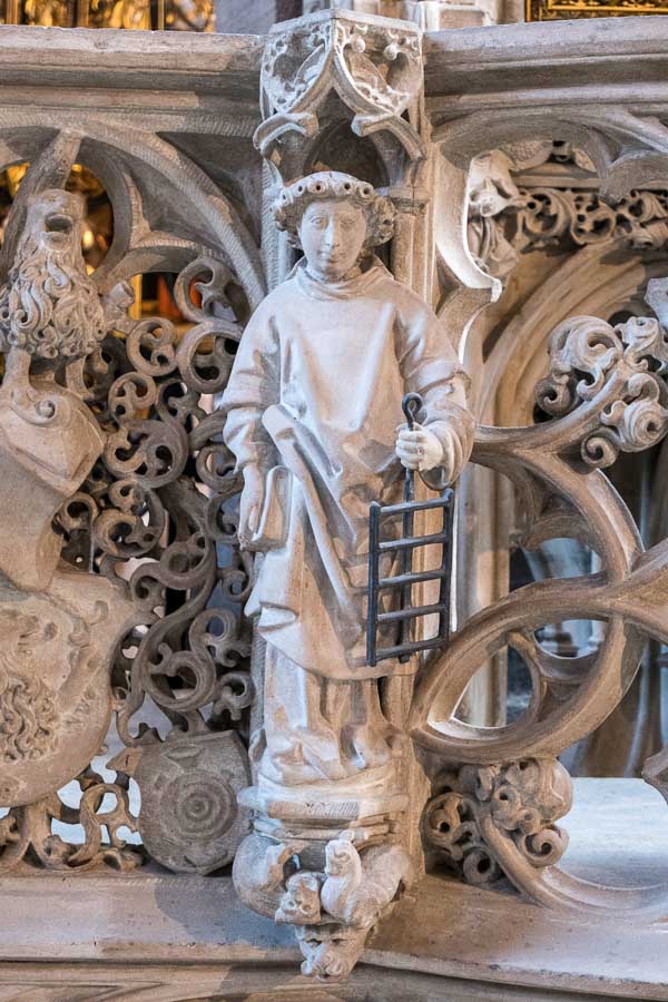 sculpture of saint lawrence with a griddling iron