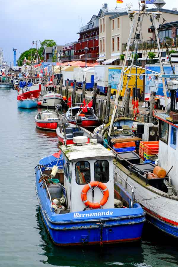 boats along busy Quayside in Warnemunde