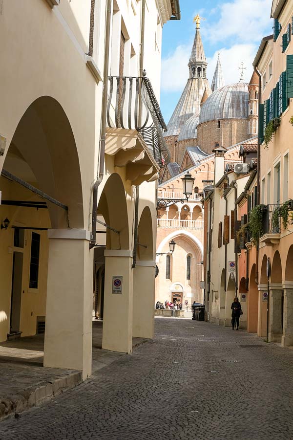 narrow street lined with porticoes looking towards domes and spires of a basilica