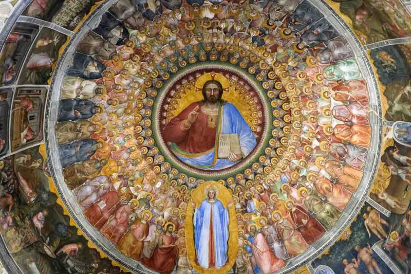 brightly painted interior dome with christ in judgement at the centre