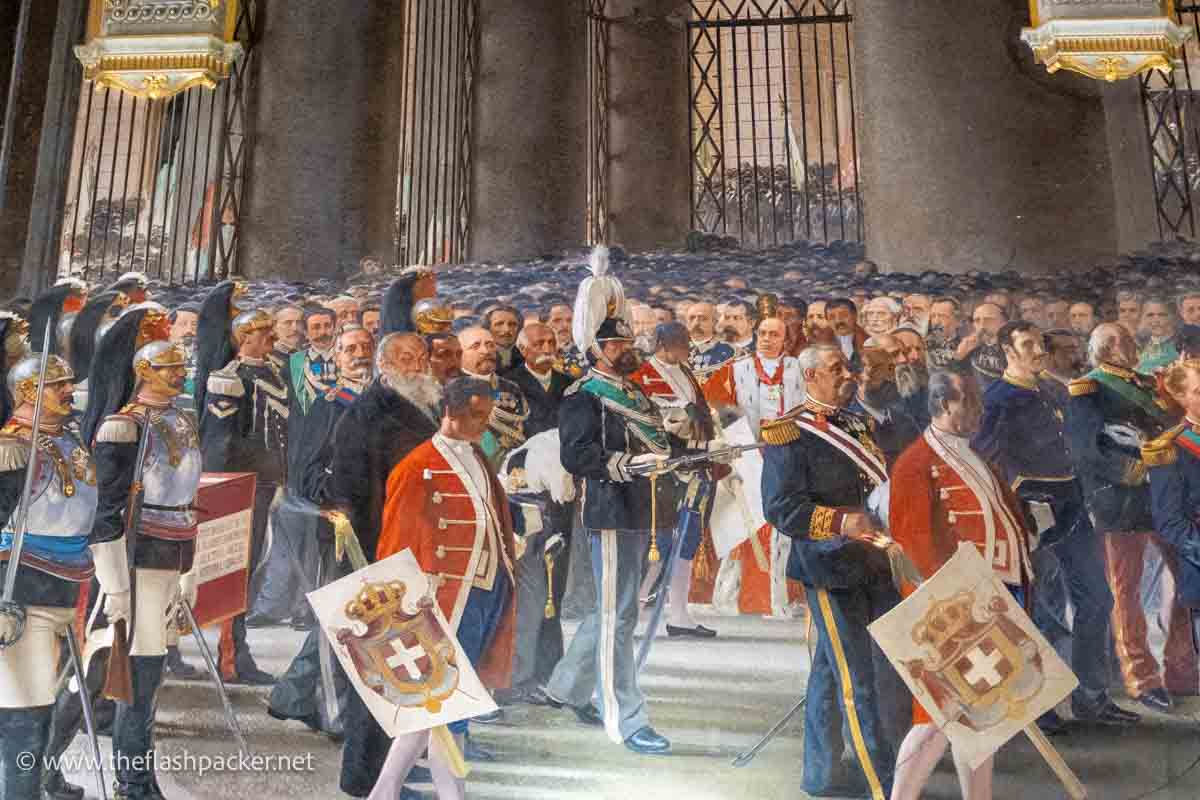 a painting of a parade of soldiers marching watched by a crowd