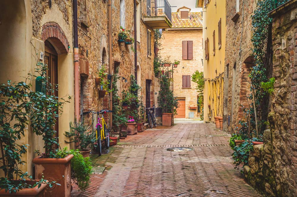 pretty narrow street lined with warm stone buildings and flower pots