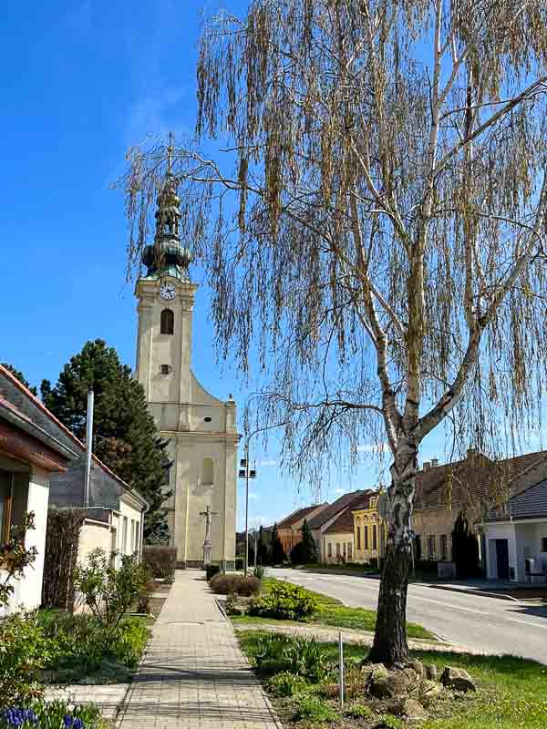 main street in popice with church steeple