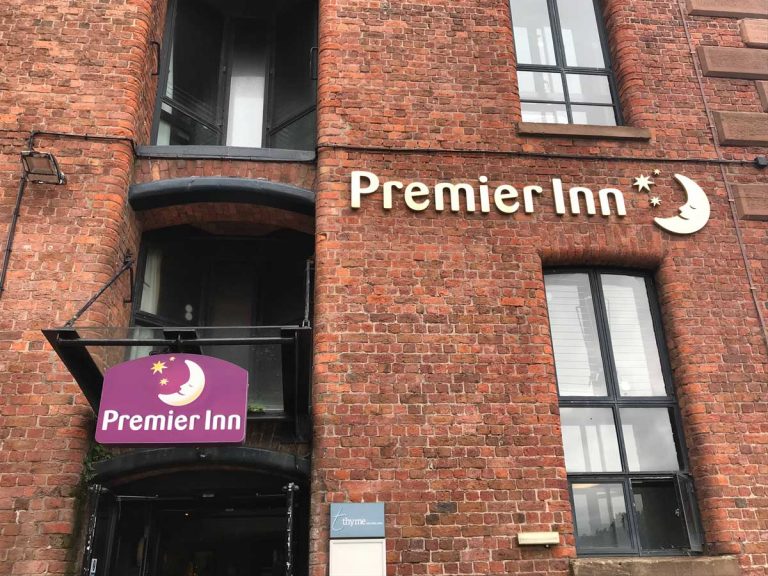 red brick exterior of premier inn albert dock hotel