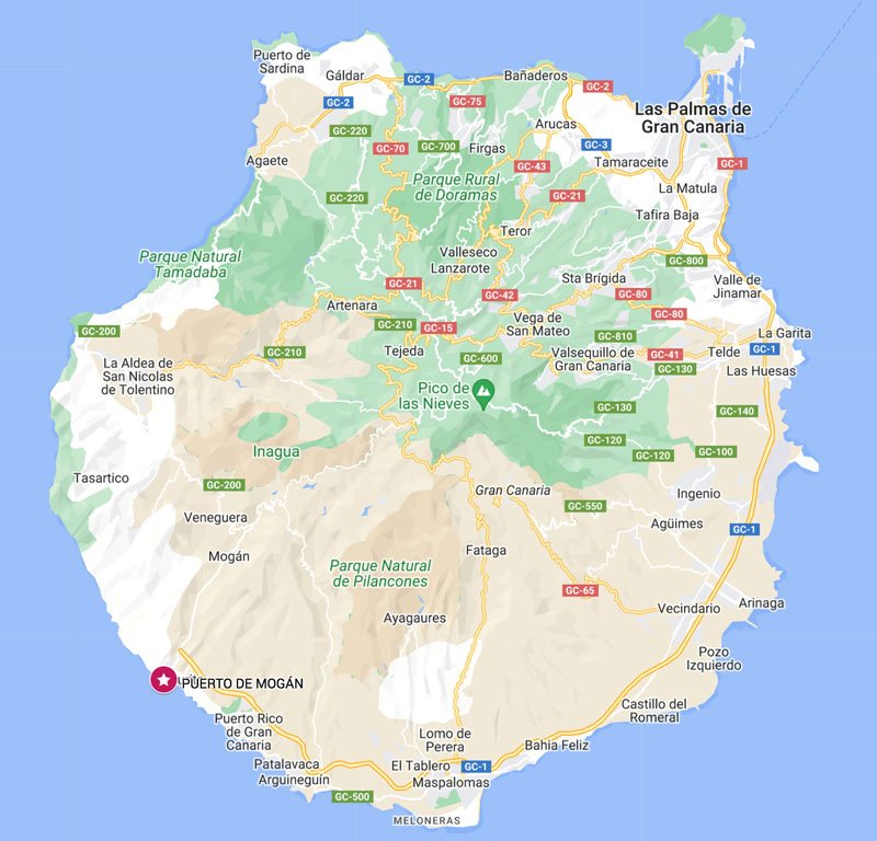 map showing the location of puerto de mogan in gran canaria spain