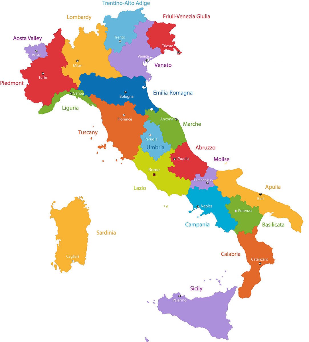 multicoloured map showing the 20 regions of italy