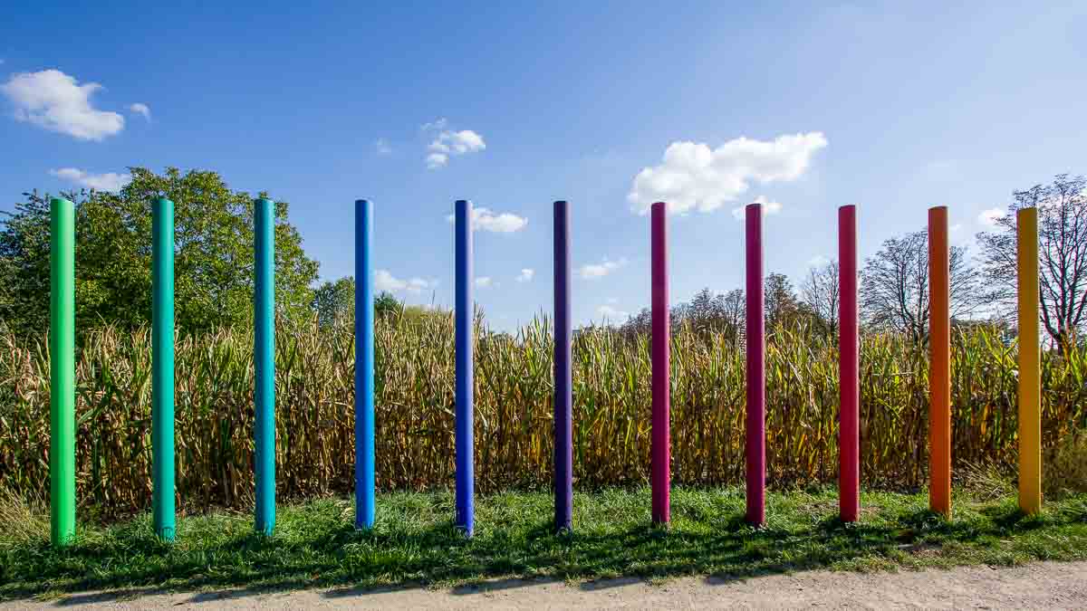 brightly coloured slim poles which are the Rehberger Weg final waymarks