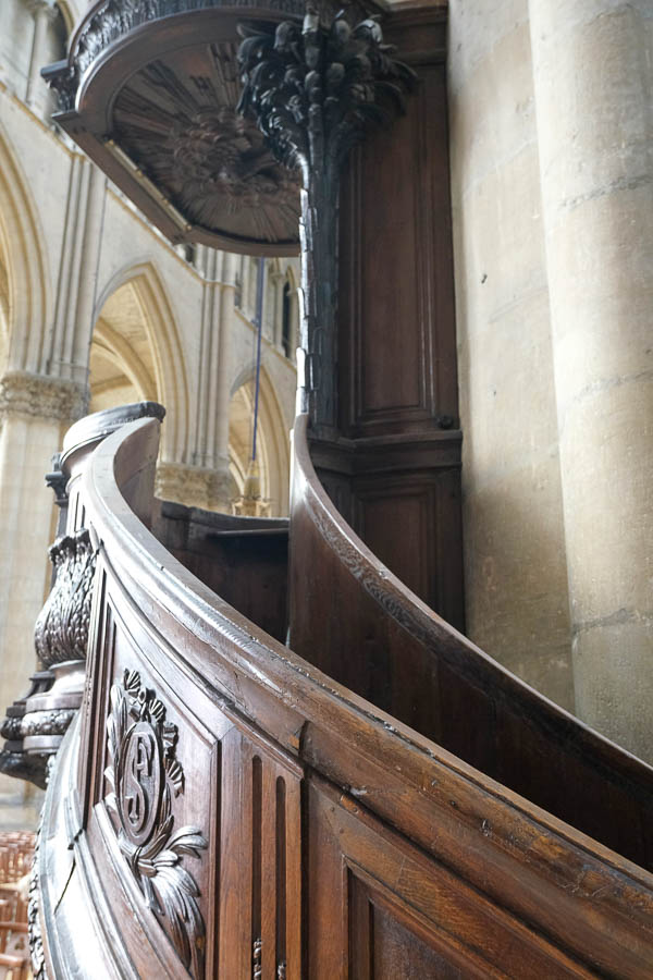 carved oak pulpit in cathedral of reims france