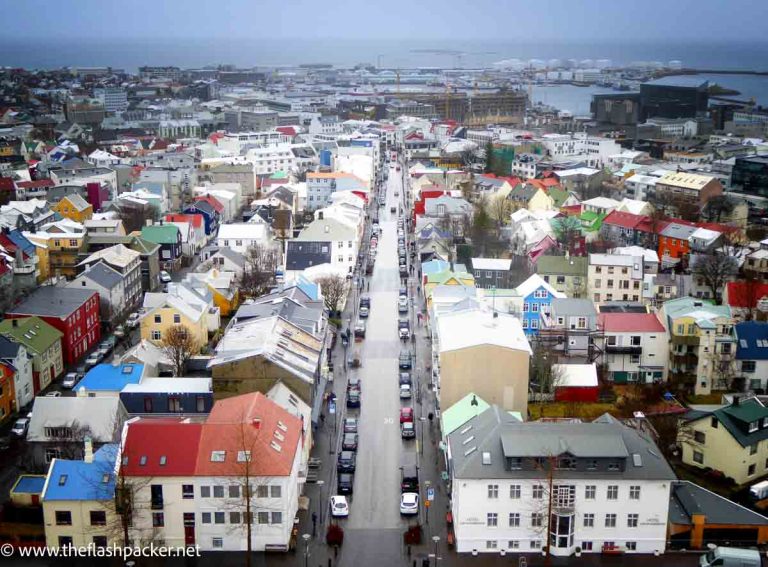 aerial view of downtown reykjavik buildings with brightly coloured roofs