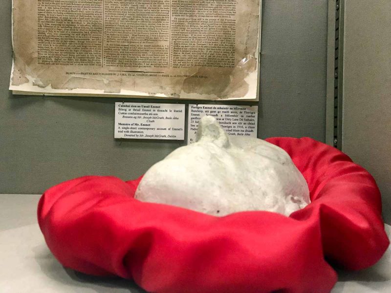 plaster death mask of robert emmett in red stain pillow