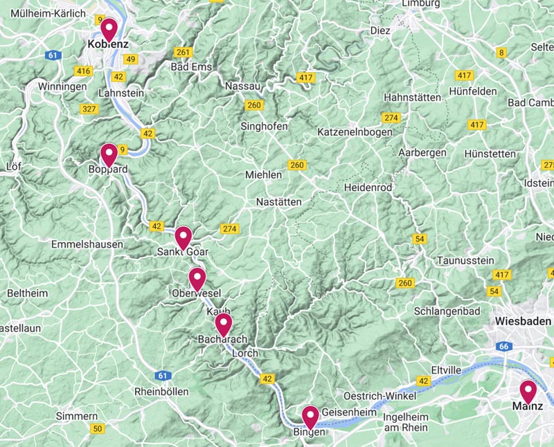 map showing prettiest places in the romantic rhine valley in germany