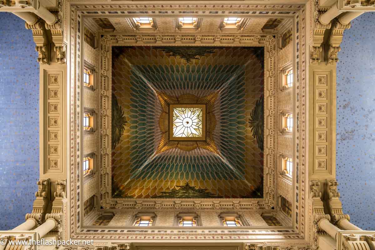 square gilded interior dome of great synagogue of rome in italy