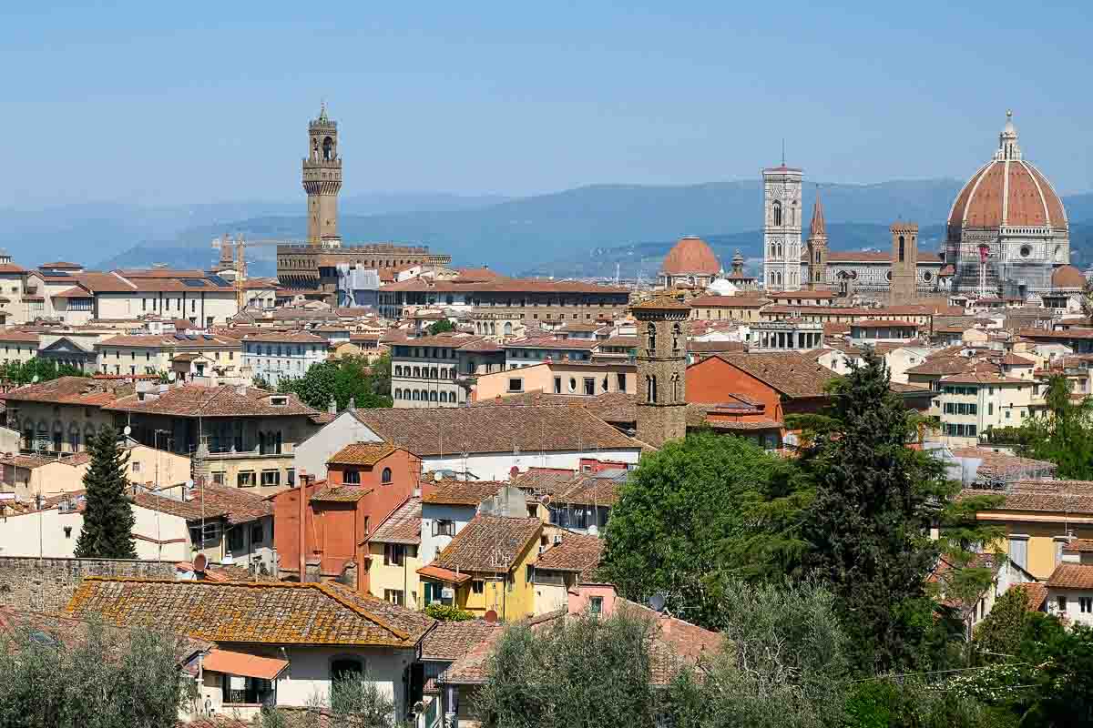 panoramic view of florence italy with red dome of cathedral and medieval towers