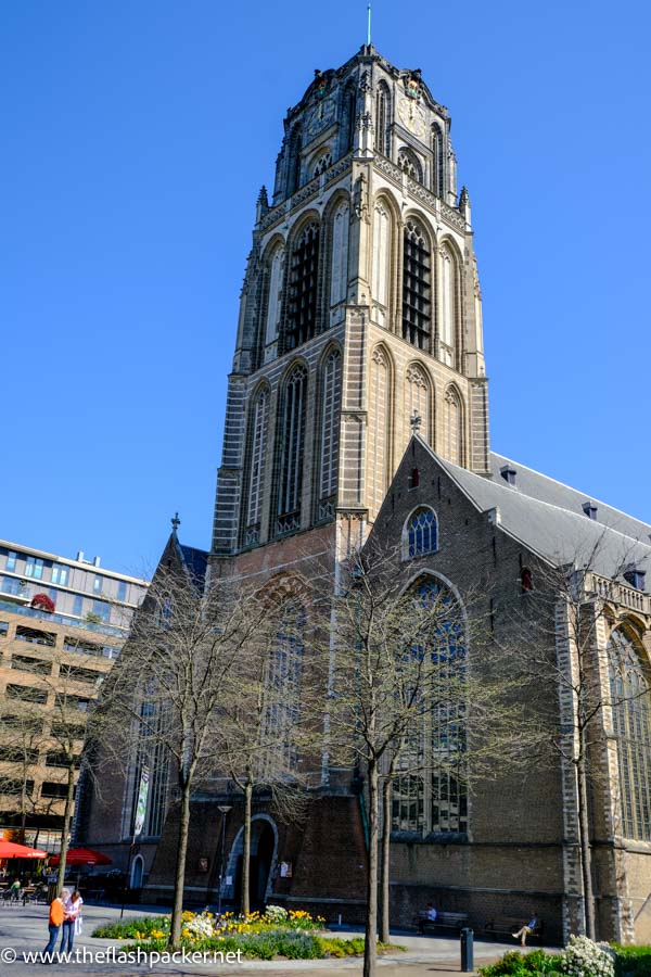 exterior of st lawrence church in rotterdam with tall bell tower at centre