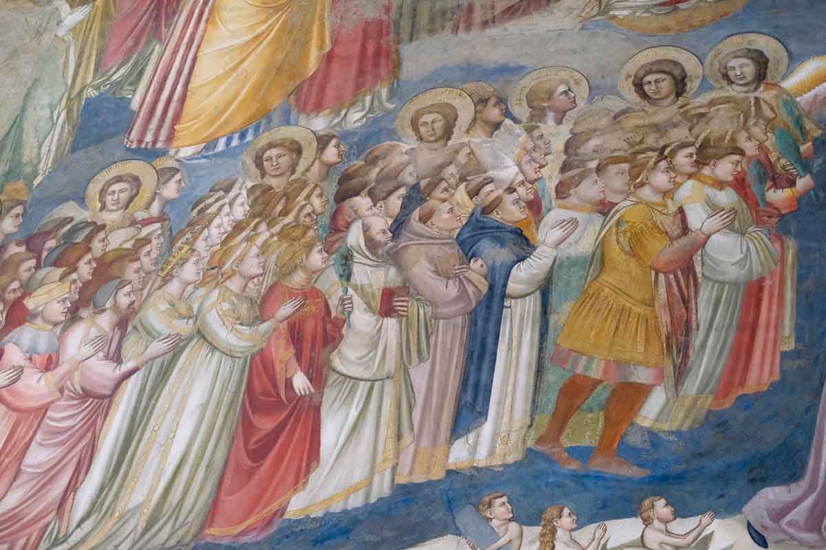 giotto fresco of a line of people ascending to heaven with saints