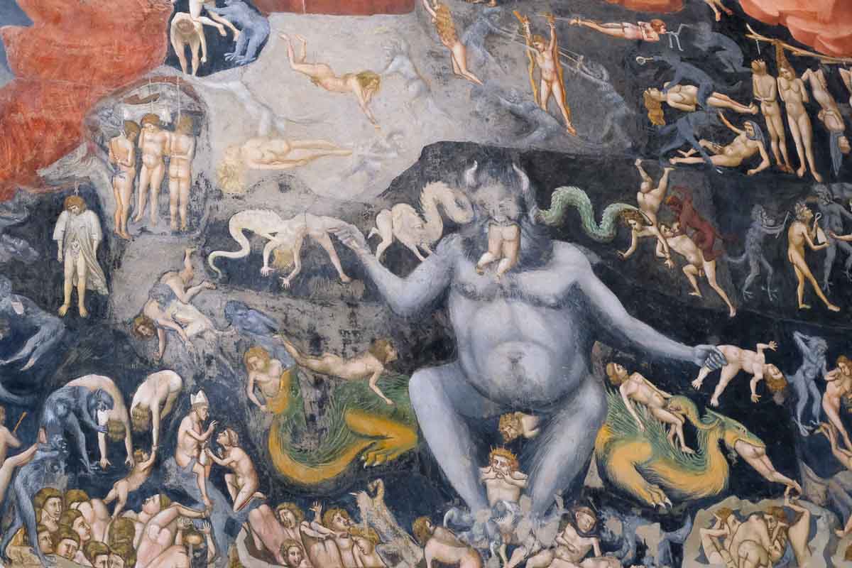 giotto fresco of the devil gobbling people surrounded by naked figures of the dammed