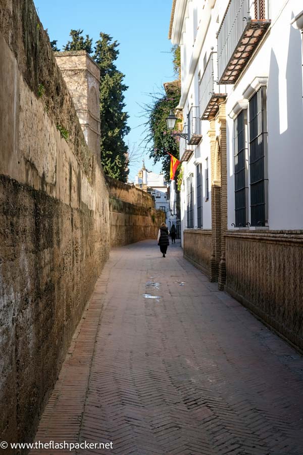 person walking along a narrow street in seville