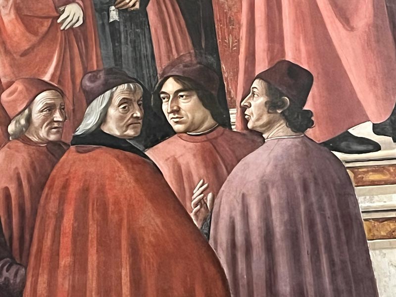 painting of group of 4 men in medieval robes talking