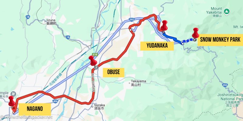 illustrated map showing how to stop in obuse on the way back from the snow monkey park to nagano