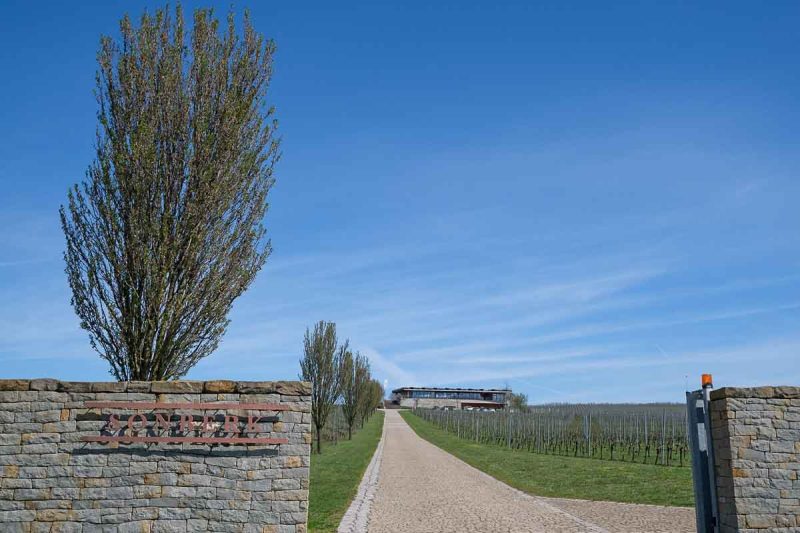 sign saying sonberk in front of a long drive leading to the winery building