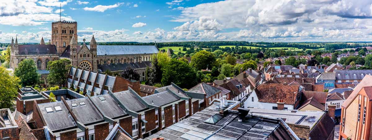 panoramic view of rooftops and cathedral in st albans hertfordshire