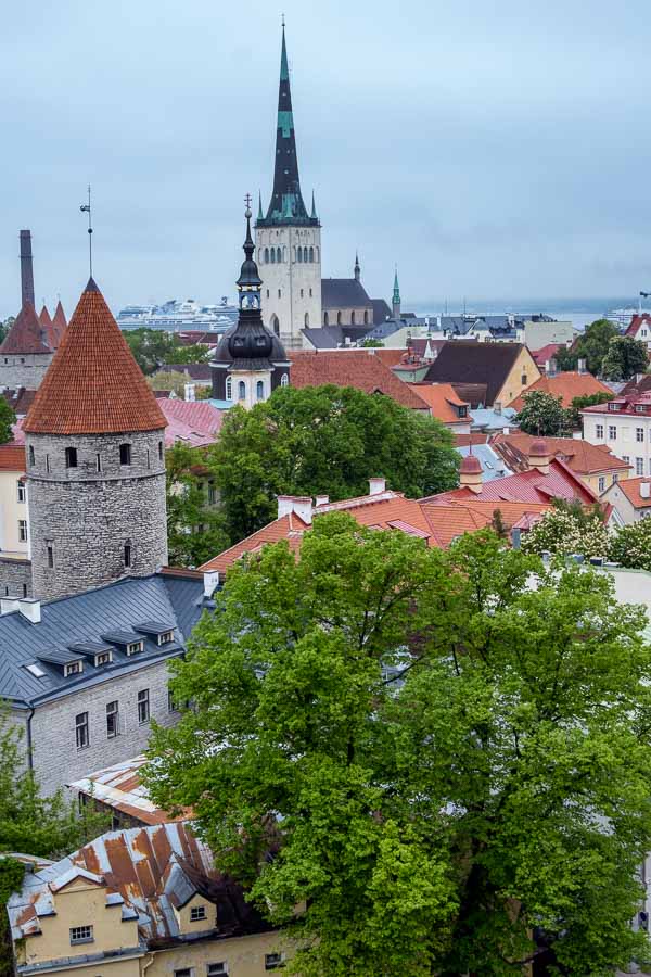 high level view of red rooftops church spires and and medieval streets of tallinn