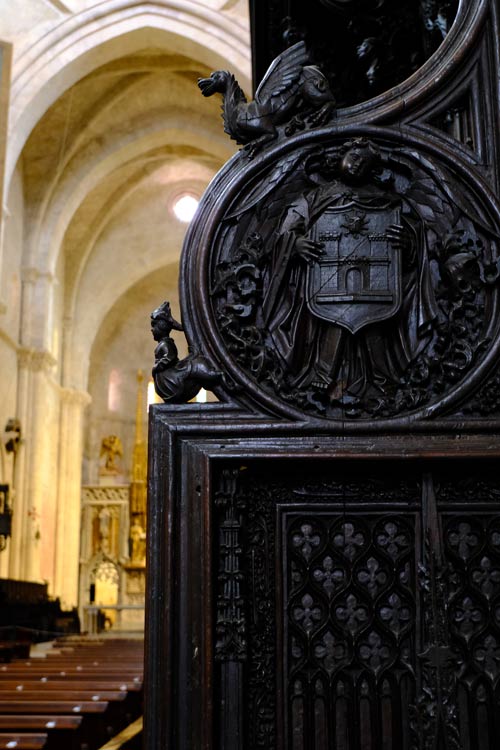 intricately carved choir stall in Tarragona Cathedral