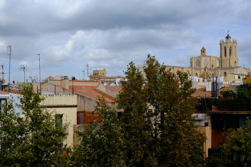 panoramic view of medieval town with church spire