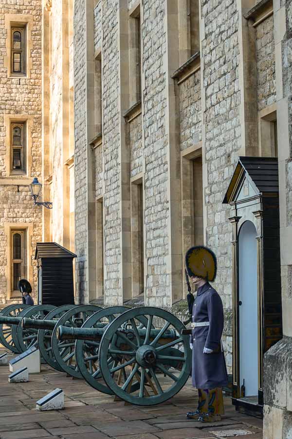 soldier in furry hat guarding a building