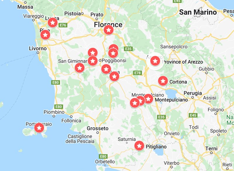 a map of the most beautiful towns and villages in tuscany