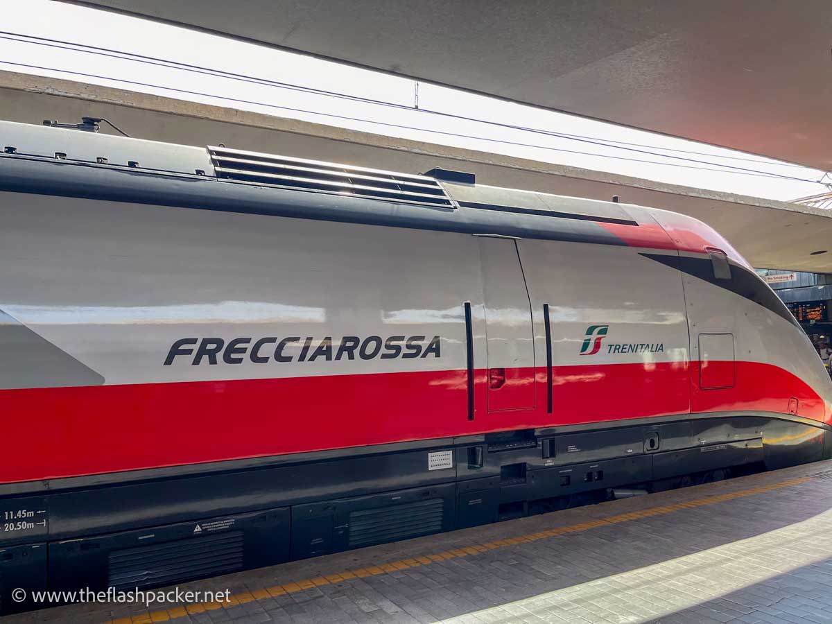 exterior of red and grey italian high speed train