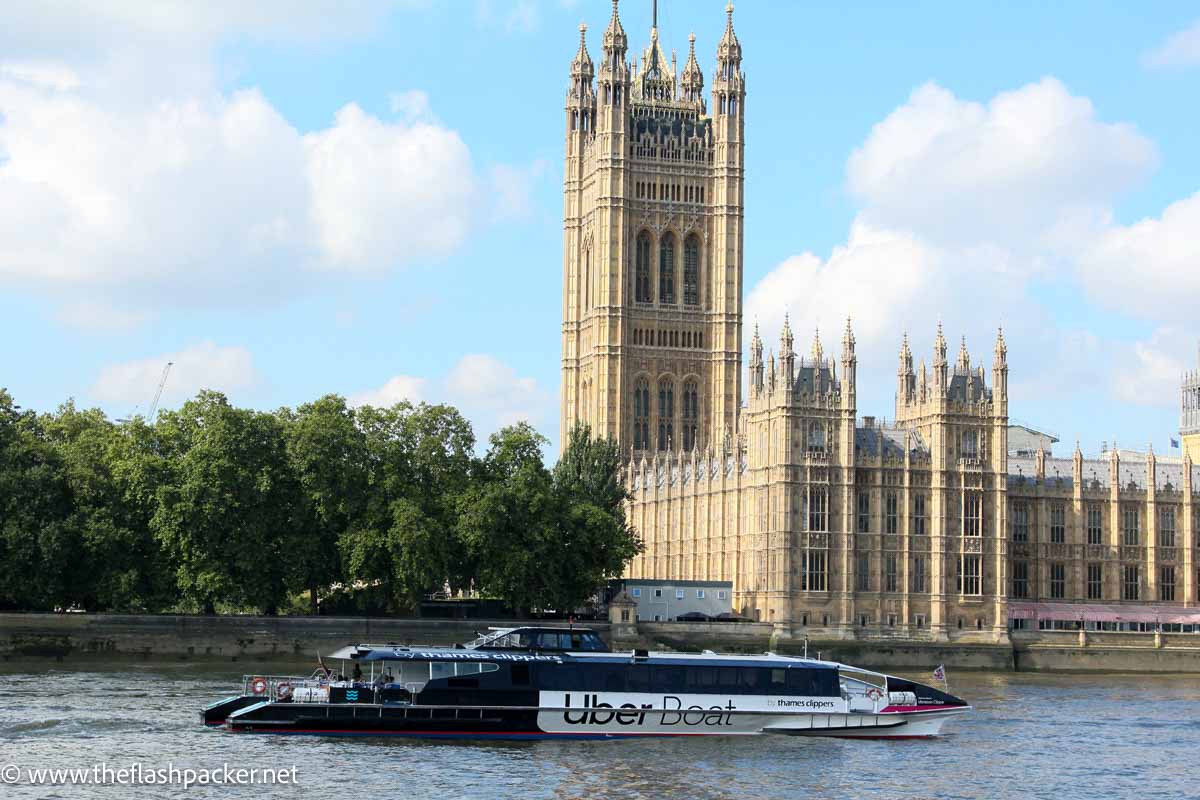 thames uber boat clipper passing by the palace of westminster