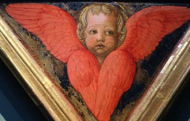 painting of angel with red wings