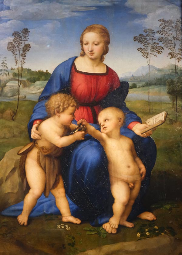 painting of madonna and jesus and john the baptist with a small bird